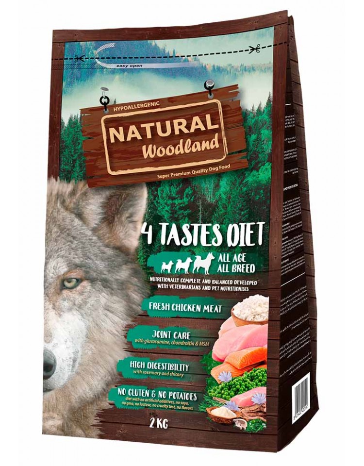 kiwipet-racao-natural-woodland-cao-2kg-seca-4-tastes-diet-frente